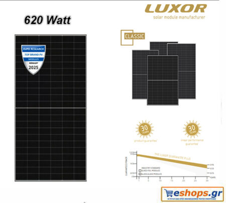 Luxor 620W Mono N-Type TOPCon Glass-Glass Bifacial LX-620M Φωτοβολταϊκό μονοκρυσταλλικο πάνελ για net billing αυτόνομα φωτοβολταϊκά συστήματα.